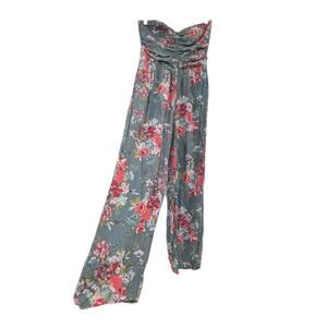 Band of Gypsies Green Floral Strapless Bustier Wide Leg Jumpsuit Sz Large Boho